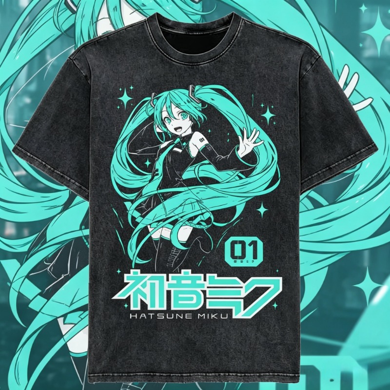 Japanese Summer Clothing Men - Camiseta Vintage Lavada de Anime Japonés